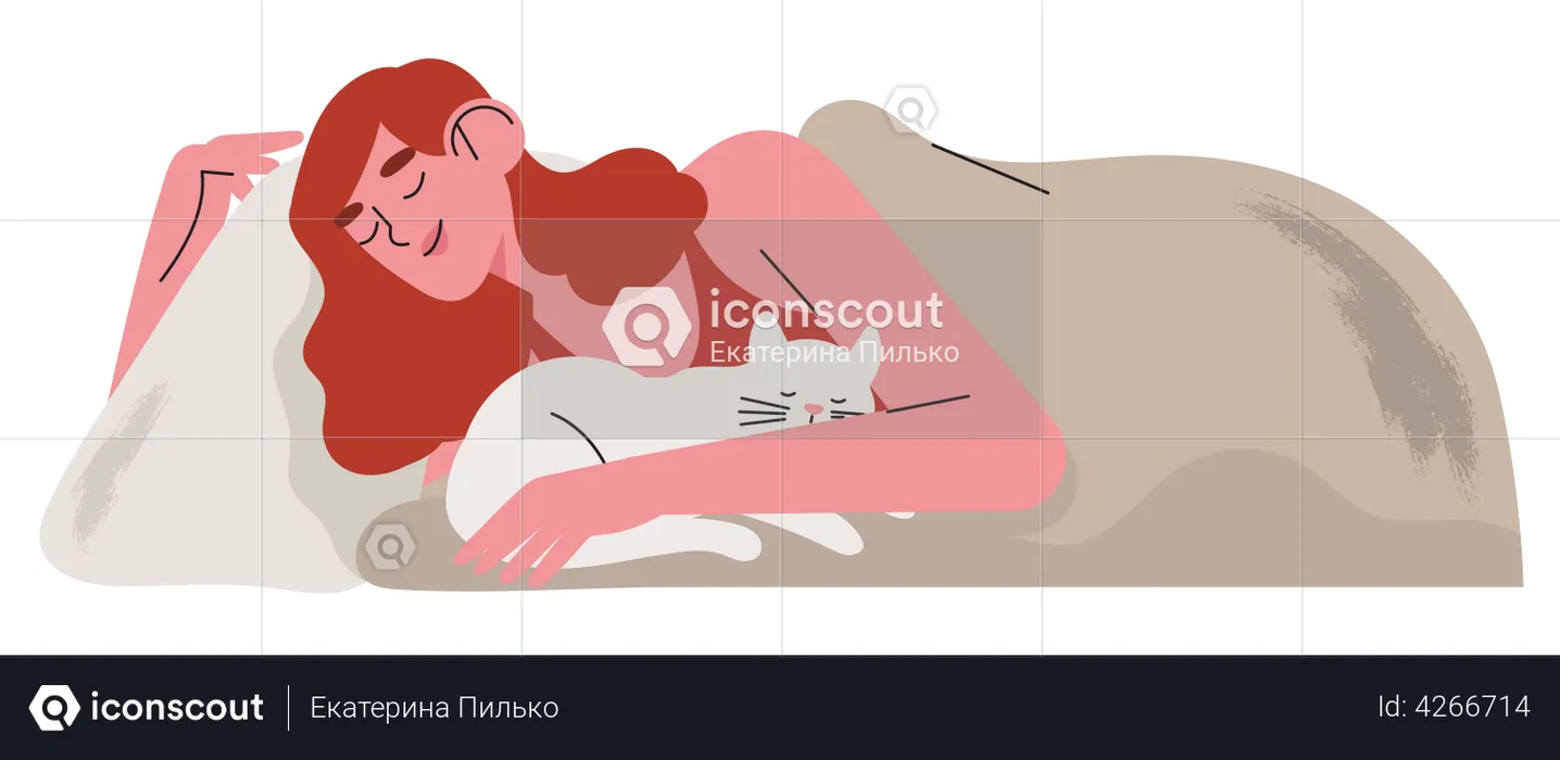 Woman sleep in her bed with cat  Illustration