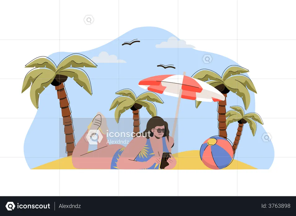Woman sleeping at beach wearing swimsuit  Illustration