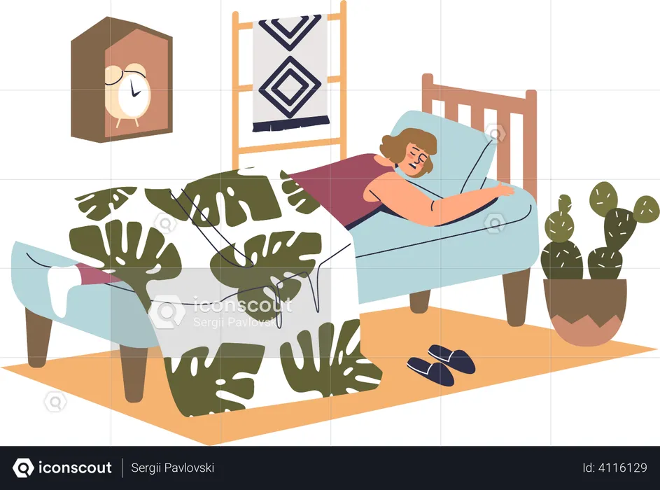 Woman sleeping comfortable lying under blanket in bed with comfort mattress  Illustration