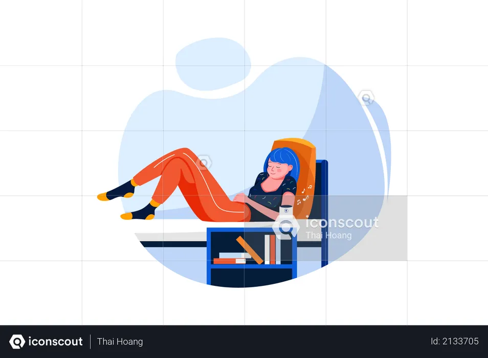 Woman sleeping in the bed listening to music on a wireless speaker  Illustration