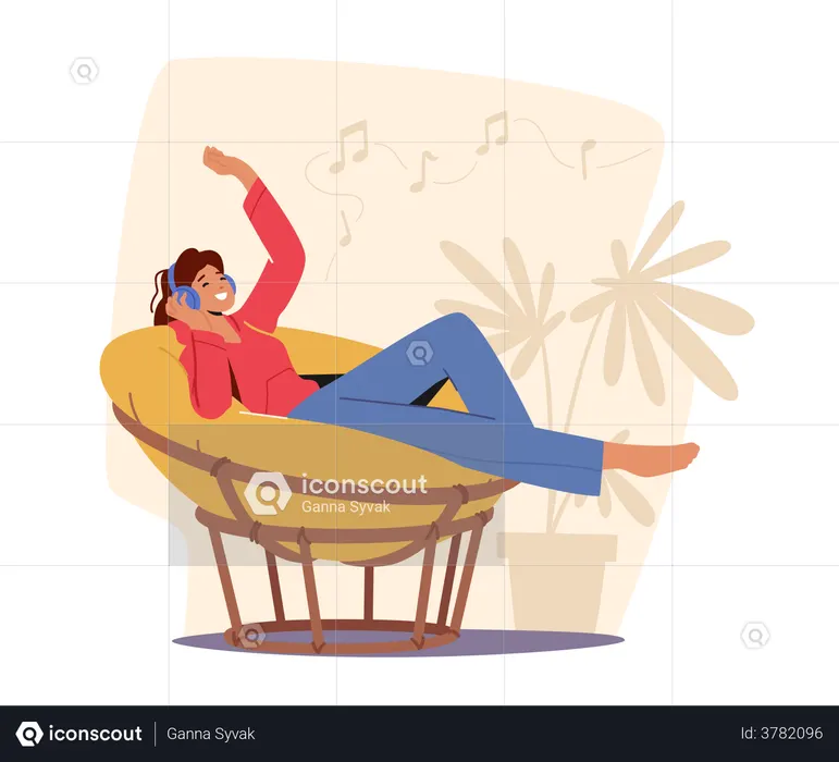 Woman Sleeping On Armchair And Enjoying Music  Illustration