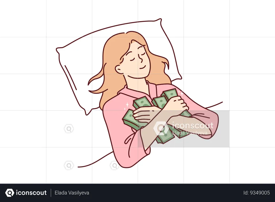 Woman sleeps hugging stacks of money afraid to part with earned capital and put savings in bank  Illustration