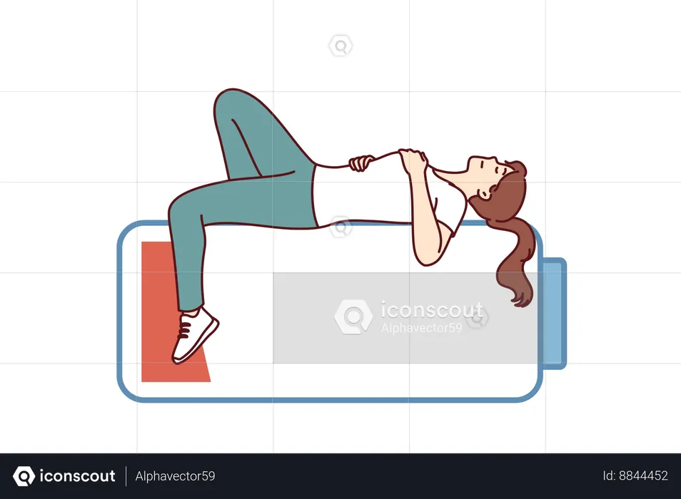 Woman sleeps on empty battery and trying to restore strength  Illustration