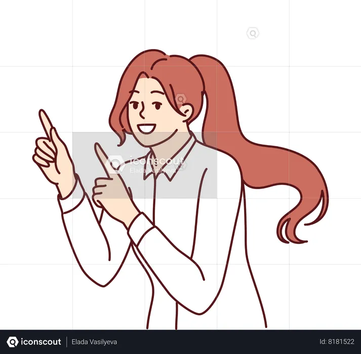Woman smiles and points finger at copy space  Illustration