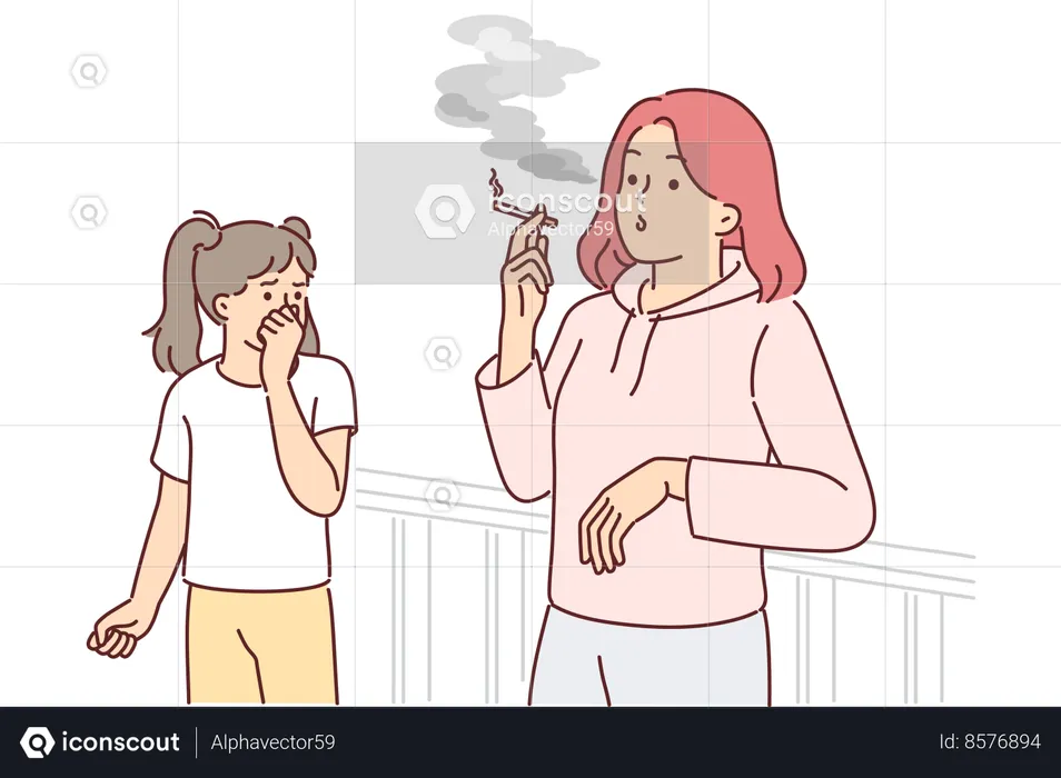 Woman smoking cigarette making daughter passive smoker  Illustration