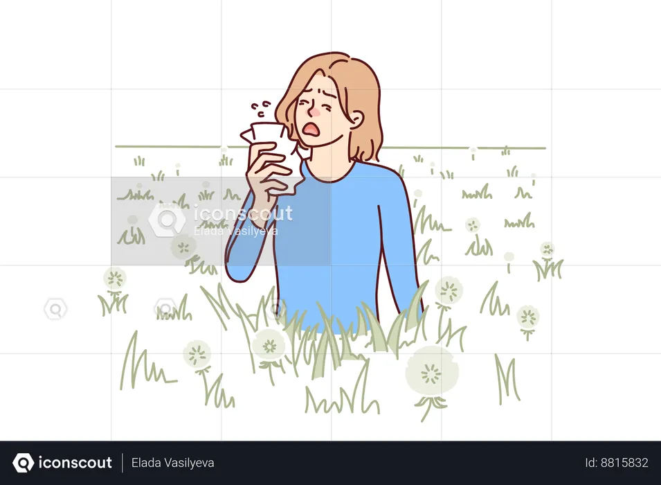 Woman sneezes because of dandelion allergy  Illustration
