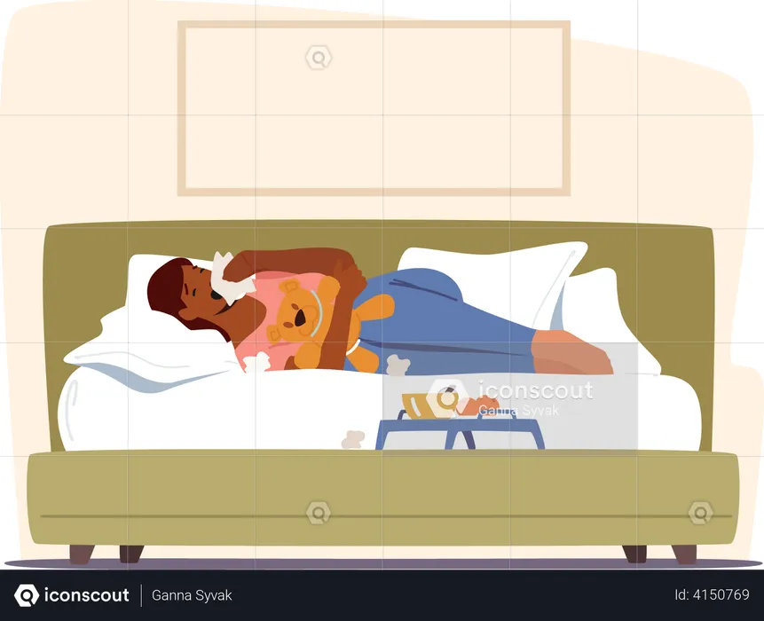 Woman sneezing and lying on bed at home  Illustration