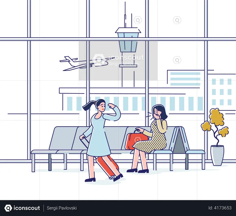 Woman sneezing at airport and spreading coronavirus  Illustration
