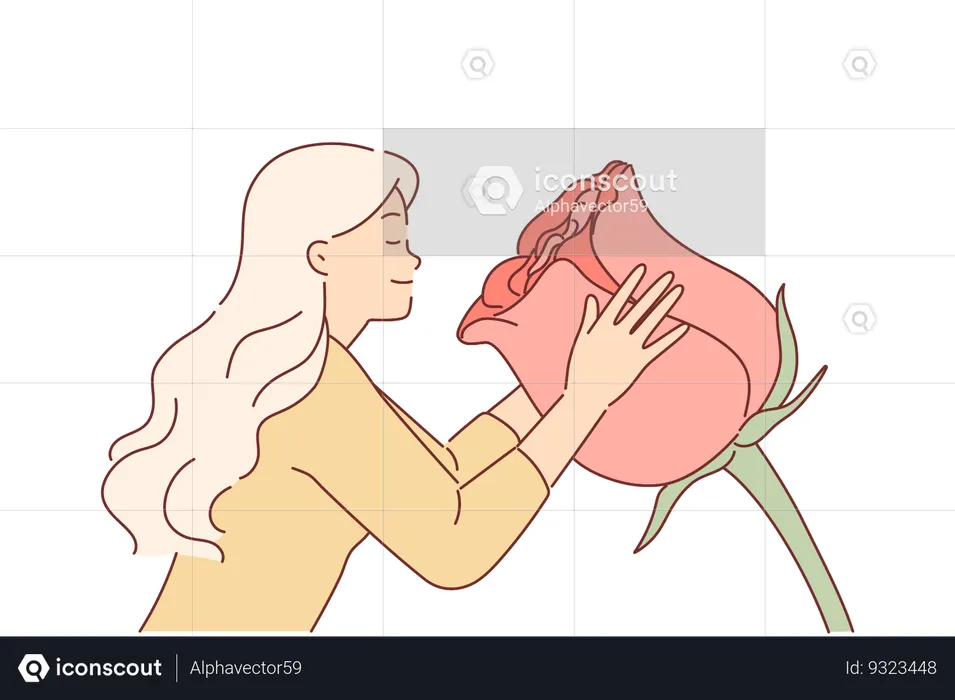 Woman sniffs huge rose flower enjoying aroma of spring-blooming plant used to create perfume  Illustration