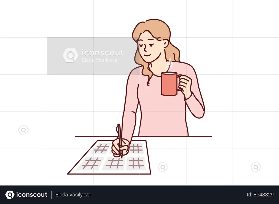 Woman solves sudoku puzzle and drinks hot tea enjoying math brain teasers demonstrates high IQ  Illustration
