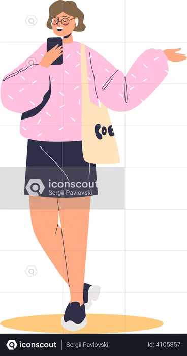 Woman speak on smartphone using wireless headphones  Illustration