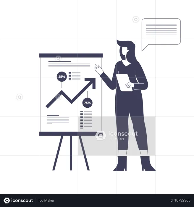 Woman speaks at business meeting and shows presentation with data analysis of company growth  Illustration