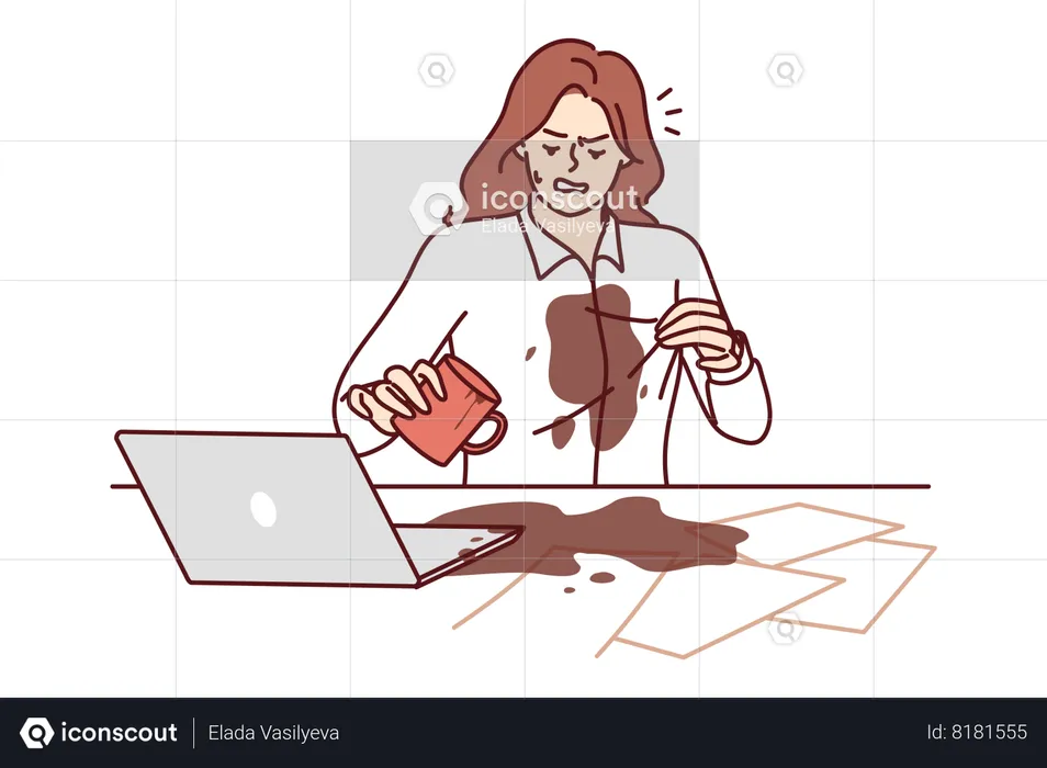 Woman spilled coffee on shirt  Illustration