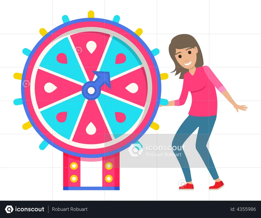 Woman spinning wheel of fortune to win jackpot  Illustration