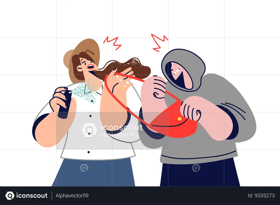 Woman spraying pepper spray on robber  Illustration