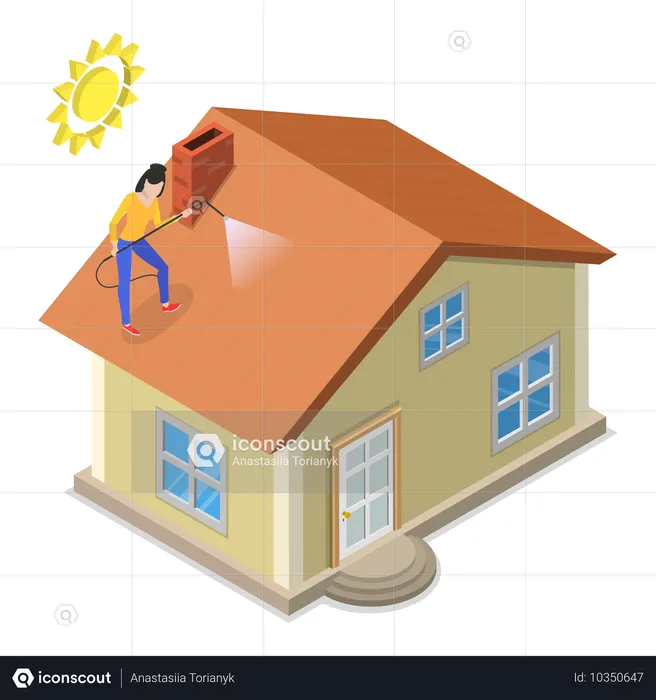 Woman Spraying Water on house roof in summer  Illustration