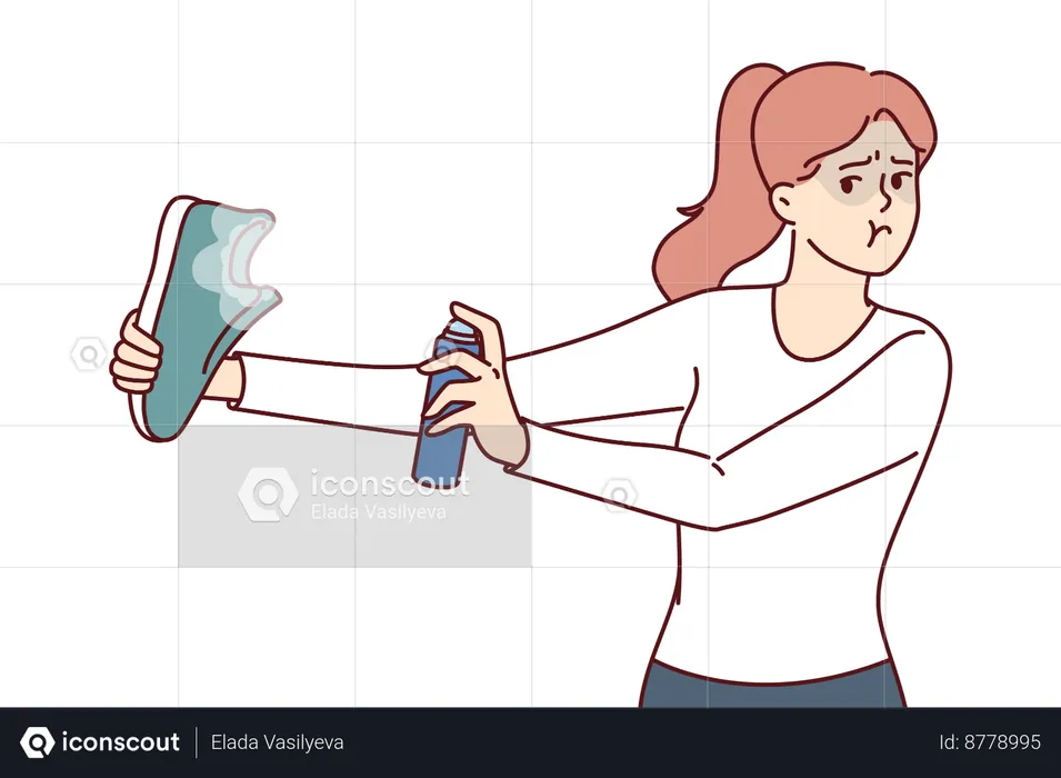 Woman sprays shoe disinfectant due to fungus spread in shoe  Illustration