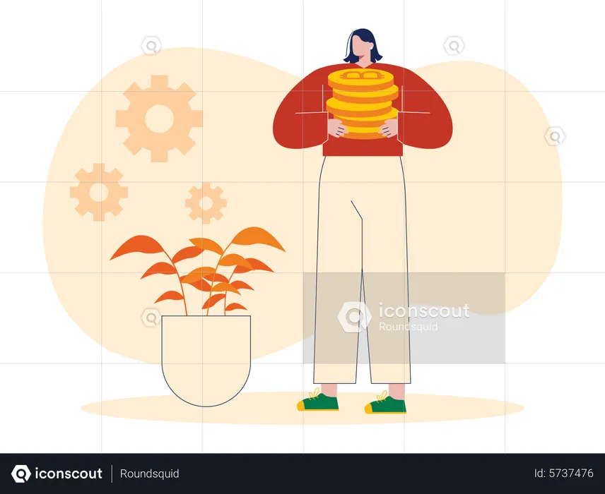 Woman stacking bitcoin for future  Illustration