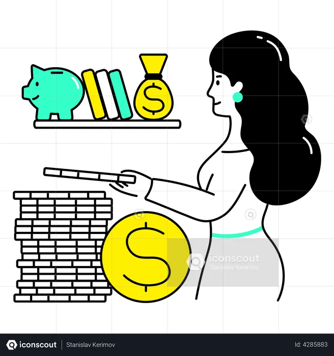 Woman stacks coins and money  Illustration