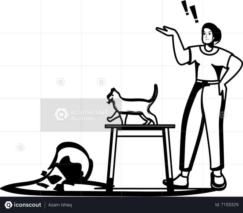 Woman stand and see her cat  Illustration