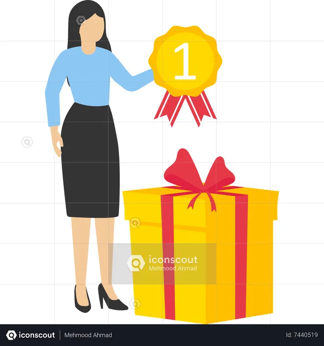 Woman standing and holding winner batch  Illustration