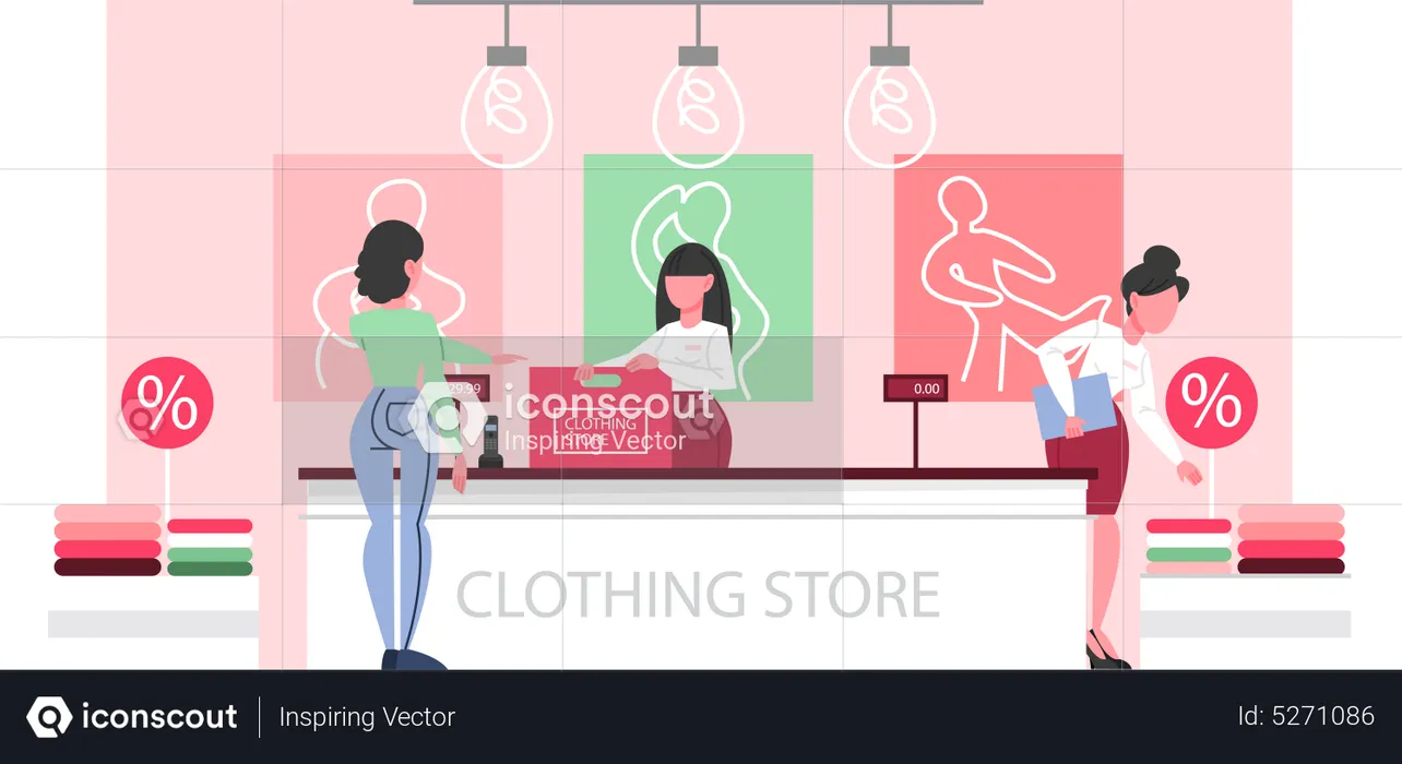 Woman standing at the counter in the clothing store  Illustration