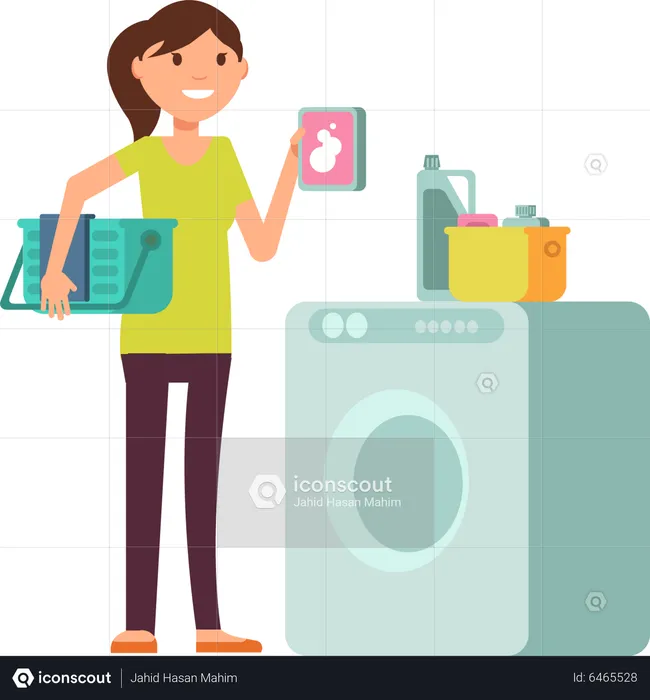 Woman standing at washing machine  Illustration