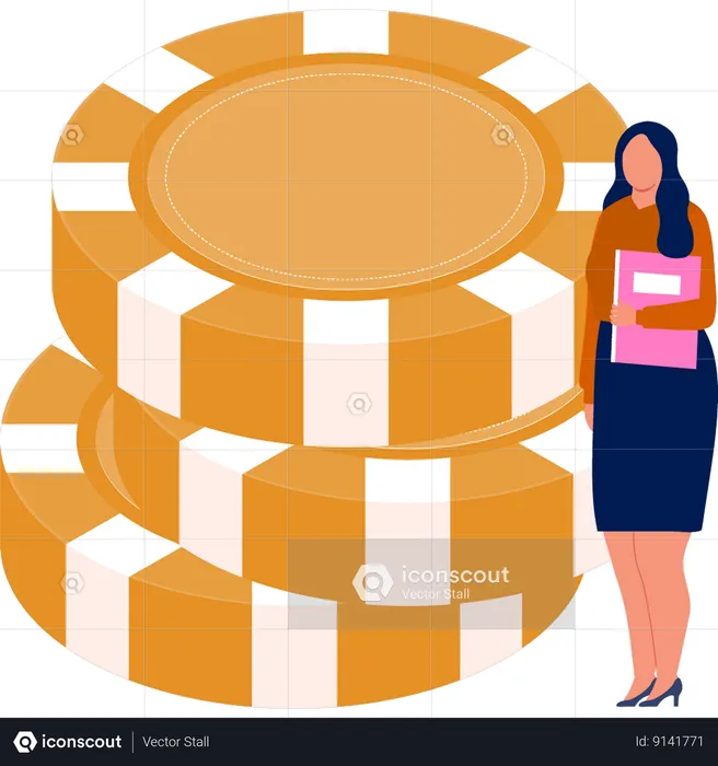 Woman standing by gambling chips  Illustration