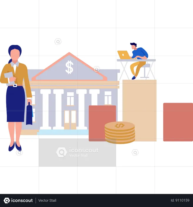 Woman standing in front of bank building  Illustration