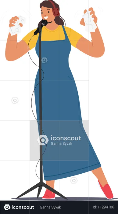 Woman  Standing In Front Of  Microphone With Headphones On  Illustration