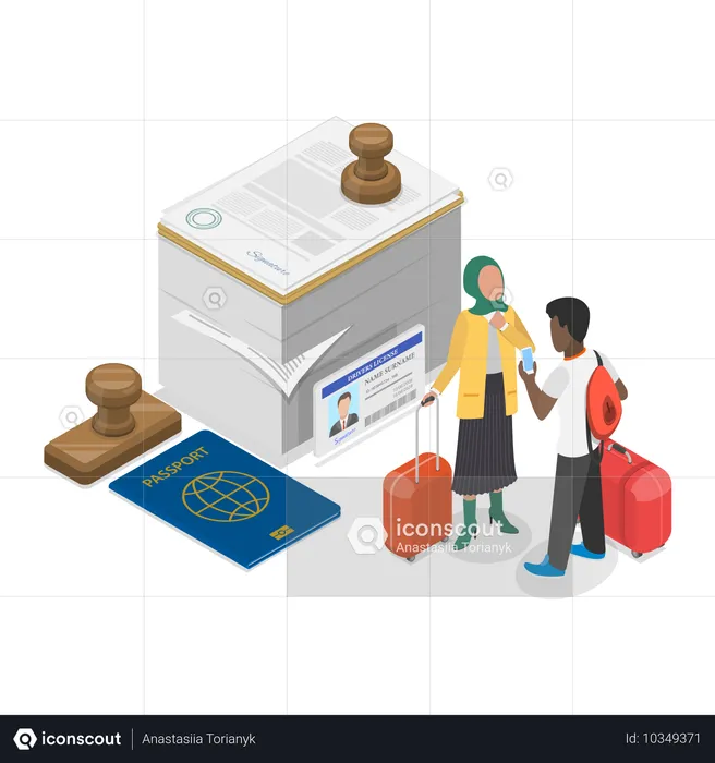 Woman standing in queue of Residence Permit  Illustration