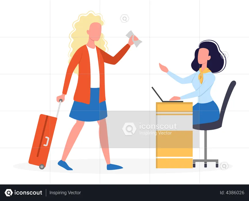 Woman standing in the airport at check-in counter  Illustration