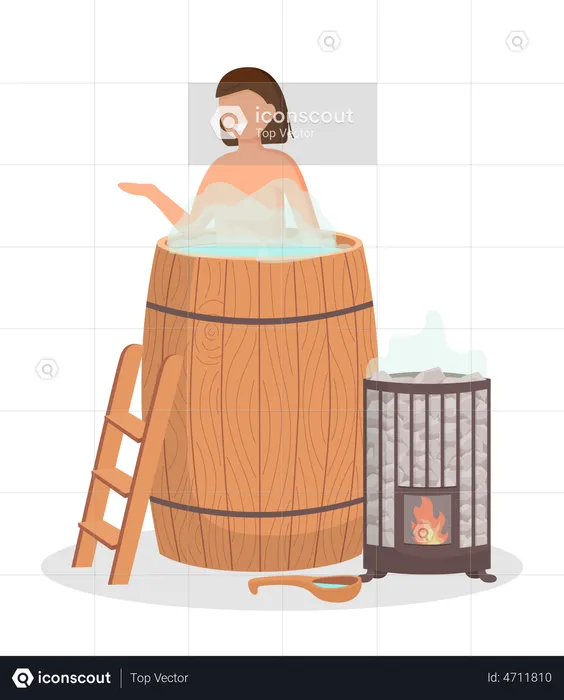 Woman standing in wooden tub with hot water  Illustration