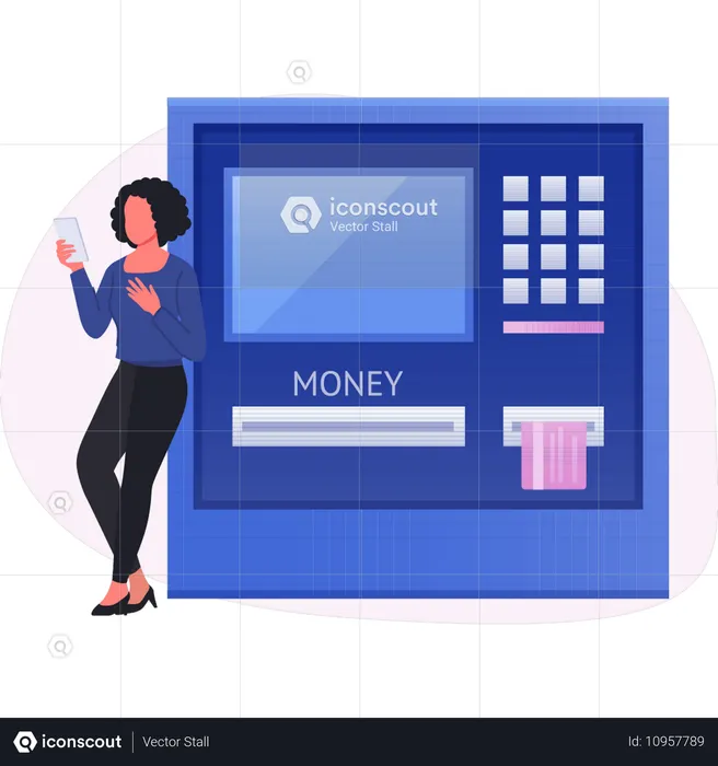 Woman standing near ATM machine  Illustration