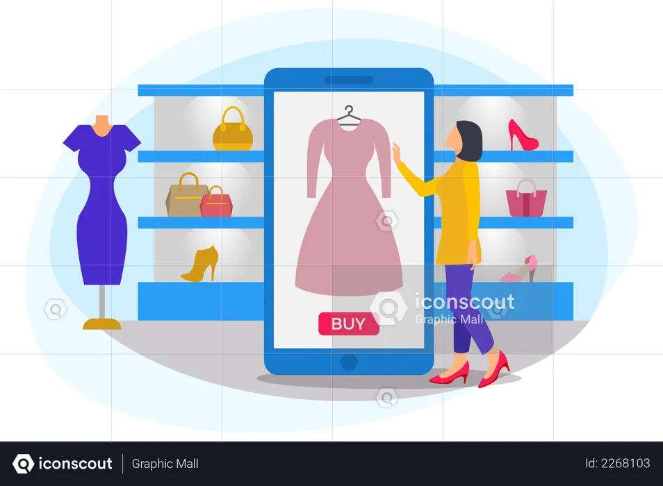 Woman standing near mobile buying clothes and dress up kit  Illustration