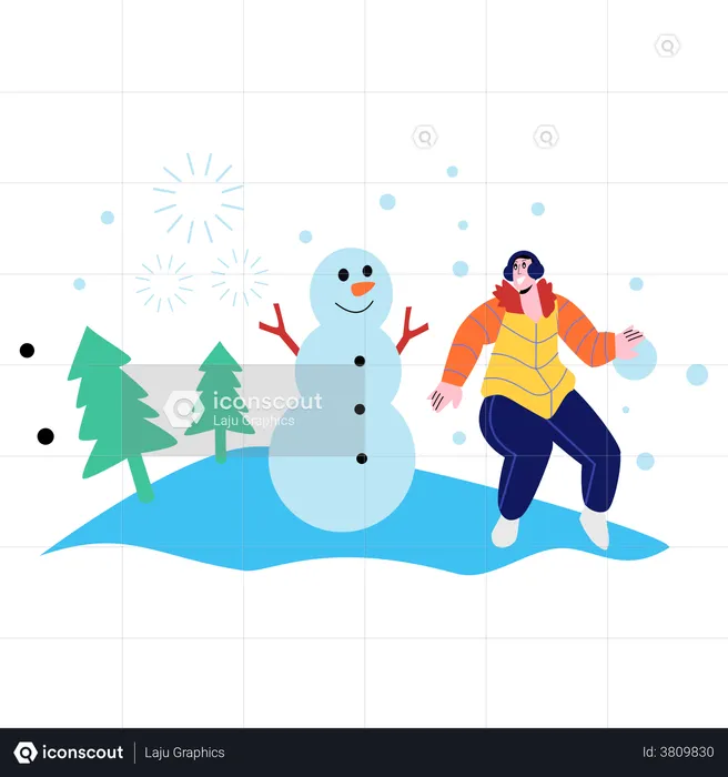 Woman standing near snowman  Illustration