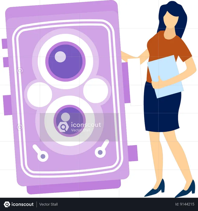 Woman standing next to antique camera  Illustration