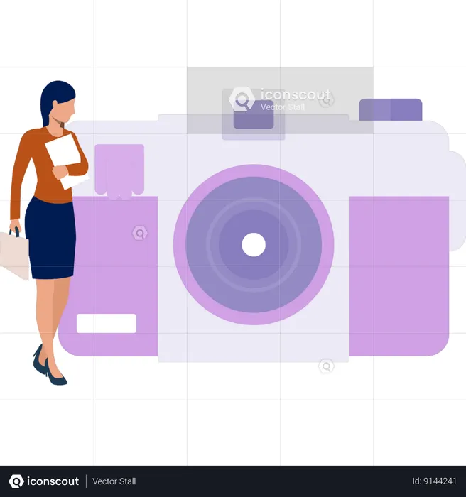 Woman standing next to  camera  Illustration