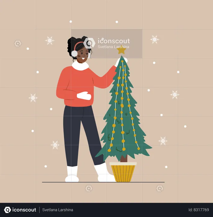 Woman standing next to Christmas tree  Illustration