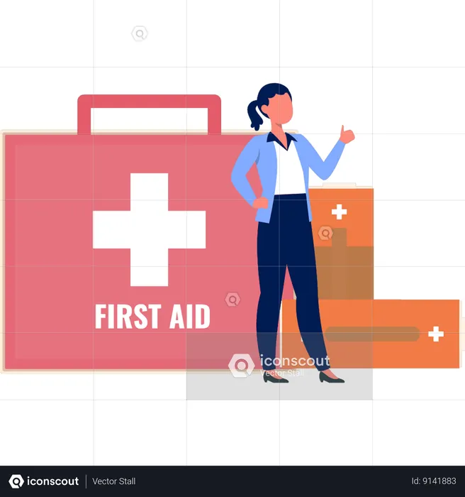 Woman Standing Next To Medical Kit  Illustration