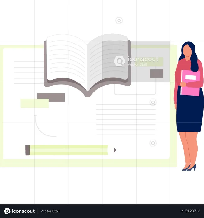 Woman standing next to open book  Illustration