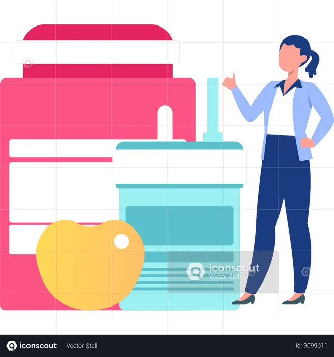 Woman standing next to supplement jar  Illustration