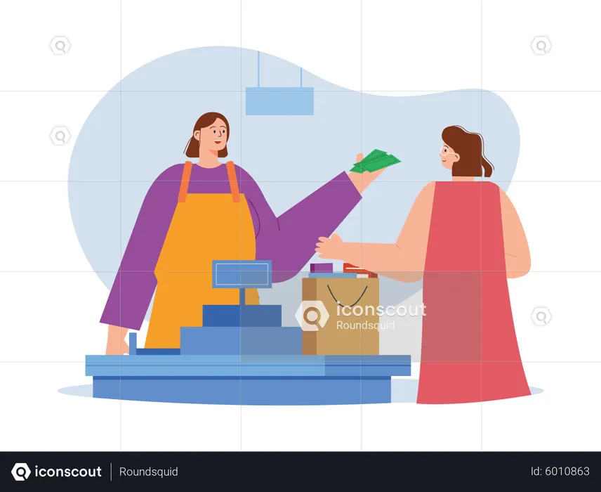 Woman standing on cash counter  Illustration