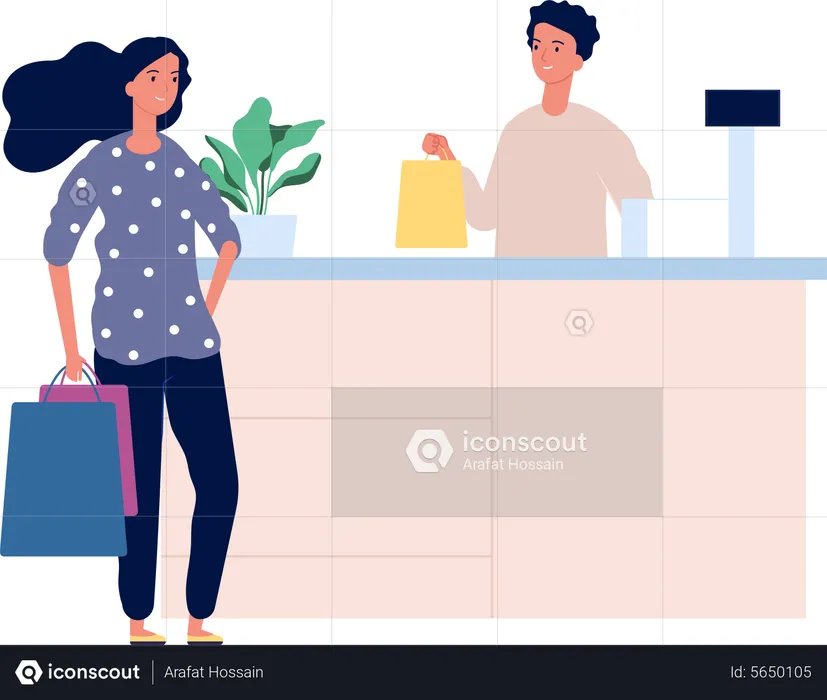 Woman standing on cashier counter  Illustration