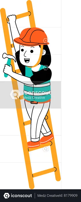Woman standing on ladder with holding hammer  Illustration