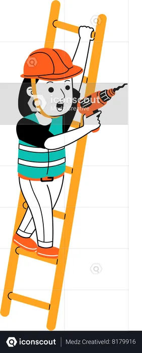 Woman standing on ladder with holding hammer  Illustration