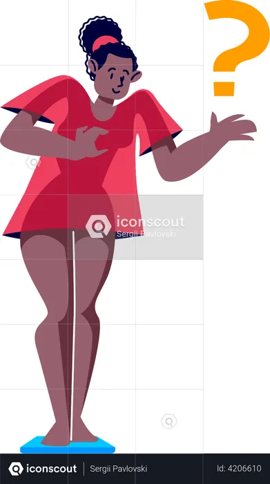 Woman standing on scale surprised with weight  Illustration