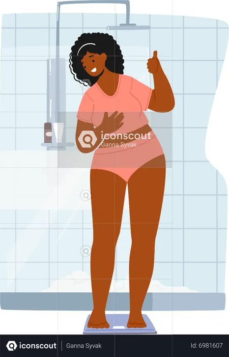Woman standing on weighing scale showing thumb up  Illustration