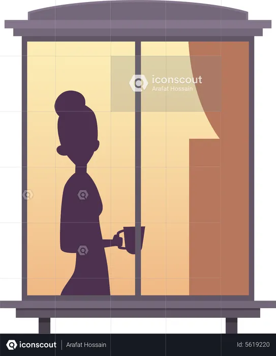 Woman standing on window and drinking coffee  Illustration