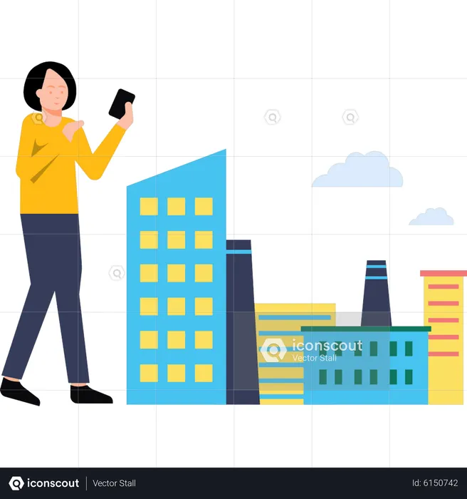 Woman standing outside factory  Illustration